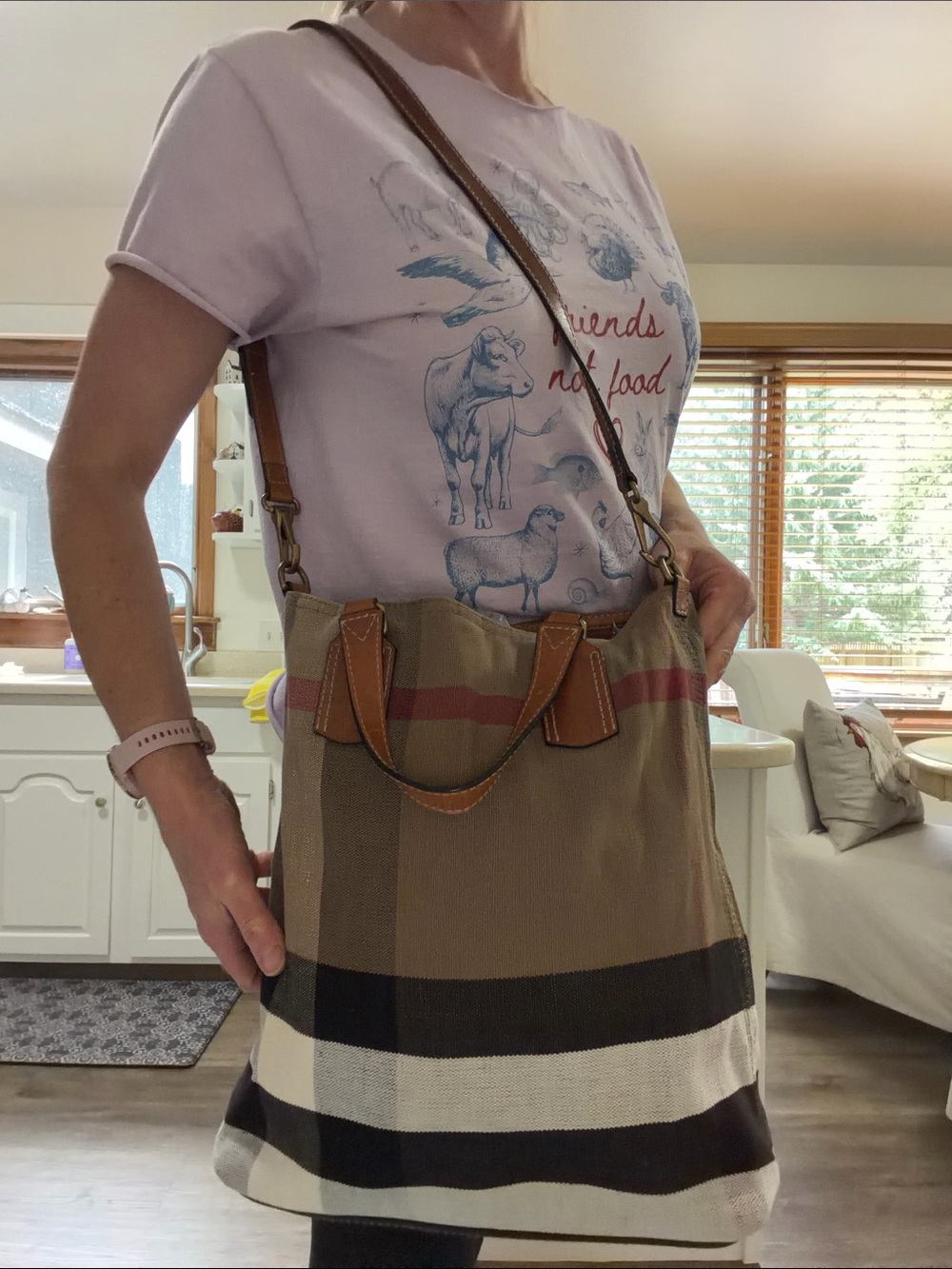 Burberry Beige Check Canvas Tote with Brown Leather Trim and Black/White Accents - Picture 9 of 12